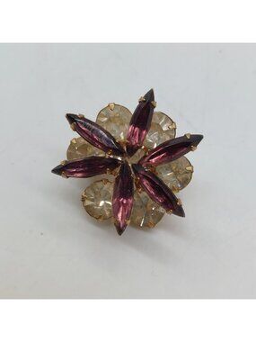 Brooch Rhinestone Purple Clear Gold tone Estate